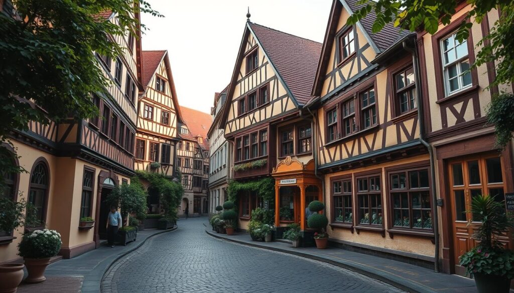 A charming, meticulously reconstructed Fachwerkhäuser (half-timbered houses) ensemble in the historical Römerberg square of Frankfurt am Main. The warm, earthy tones of the timber framing and plaster facades are bathed in soft, diffused natural light, casting gentle shadows that accentuate the intricate architectural details. The buildings are framed by a cobblestone street and lush, verdant foliage, creating a picturesque, timeless scene that transports the viewer to the heart of the city's medieval past. Captured using a Sony Alpha 7R V and a sharp lens to produce a crisp, depth-focused image that showcases the craftsmanship and beauty of these iconic German structures. A charming, meticulously reconstructed Fachwerkhäuser (half-timbered houses) ensemble in the historical Römerberg square of Frankfurt am Main. The warm, earthy tones of the timber framing and plaster facades are bathed in soft, diffused natural light, casting gentle shadows that accentuate the intricate architectural details. The buildings are framed by a cobblestone street and lush, verdant foliage, creating a picturesque, timeless scene that transports the viewer to the heart of the city's medieval past. Captured using a Sony Alpha 7R V and a sharp lens to produce a crisp, depth-focused image that showcases the craftsmanship and beauty of these iconic German structures.