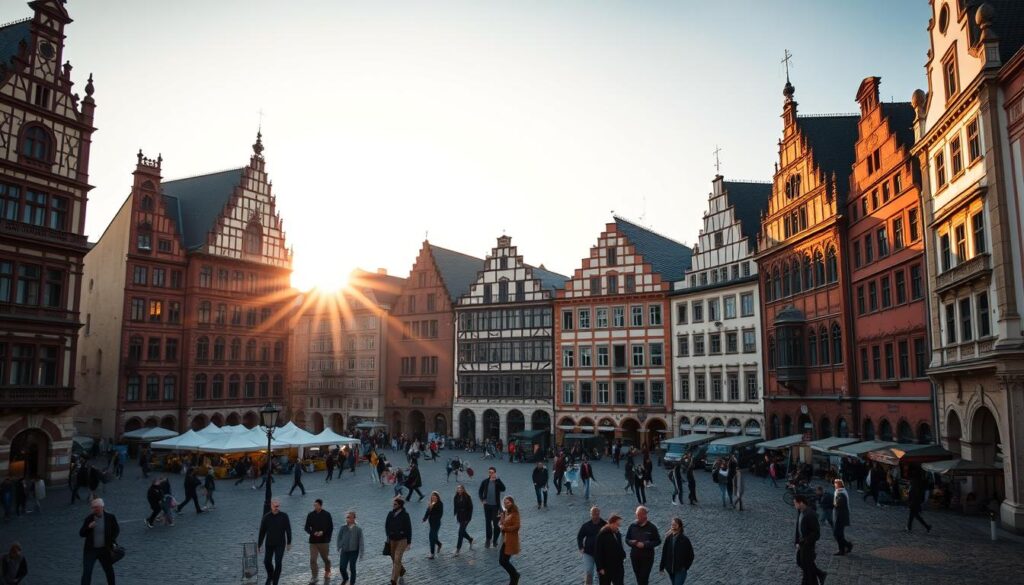 A majestic view of the Römerberg in Frankfurt, illuminated by the warm glow of the setting sun. Towering medieval buildings stand tall, their intricate facades and ornate details reflecting the city's rich historical legacy. In the foreground, the cobblestone plaza is dotted with people strolling leisurely, capturing the essence of the historic district. The scene is captured with a sharp, Sony Alpha 7R V lens, revealing every nuance of the architecture and the vibrant atmosphere. The image conveys a sense of timelessness, inviting the viewer to step back in time and experience the enduring identity of this iconic German landmark. A majestic view of the Römerberg in Frankfurt, illuminated by the warm glow of the setting sun. Towering medieval buildings stand tall, their intricate facades and ornate details reflecting the city's rich historical legacy. In the foreground, the cobblestone plaza is dotted with people strolling leisurely, capturing the essence of the historic district. The scene is captured with a sharp, Sony Alpha 7R V lens, revealing every nuance of the architecture and the vibrant atmosphere. The image conveys a sense of timelessness, inviting the viewer to step back in time and experience the enduring identity of this iconic German landmark.