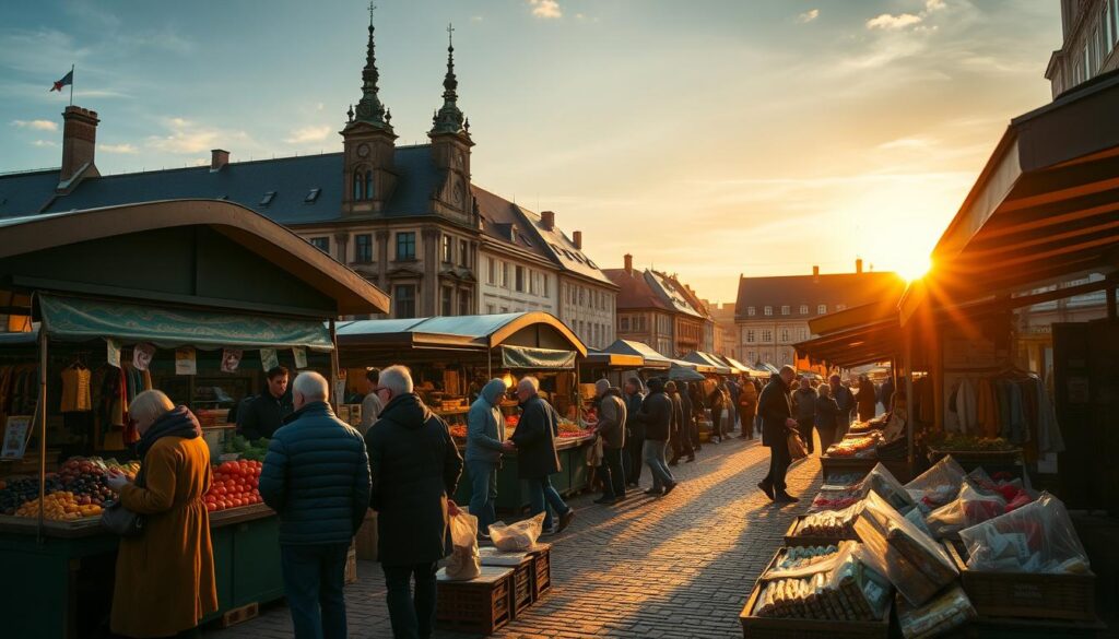Atmosphäre auf einem Wochenmarkt Frankfurt am Main bei Sonnenuntergang Atmosphäre auf einem Wochenmarkt Frankfurt am Main bei Sonnenuntergang