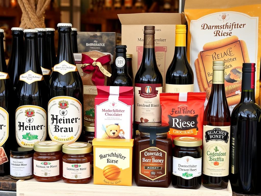 Auslage mit regionalen Spezialitäten aus Darmstadt wie Heiner-Bräu Bier und Darmstädter Riese Schokolade beim Shopping in Darmstadt Auslage mit regionalen Spezialitäten aus Darmstadt wie Heiner-Bräu Bier und Darmstädter Riese Schokolade beim Shopping in Darmstadt