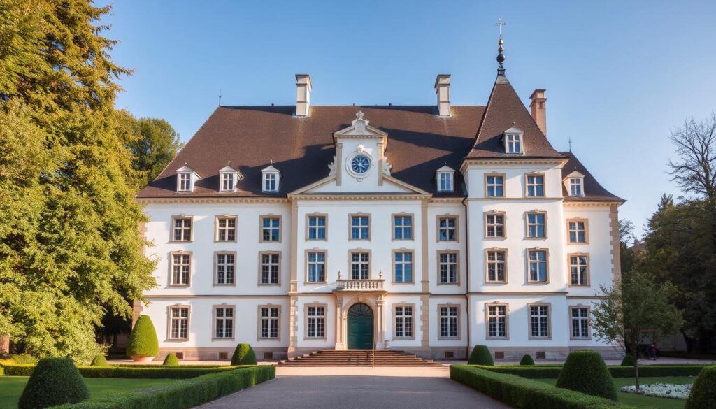 Außenansicht des Jagdschlosses Kranichstein, eines der historischen Museen in Darmstadt Außenansicht des Jagdschlosses Kranichstein, eines der historischen Museen in Darmstadt