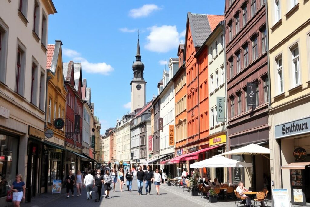 Bahnhofstraße in Fulda mit zahlreichen Geschäften und Cafés Bahnhofstraße in Fulda mit zahlreichen Geschäften und Cafés