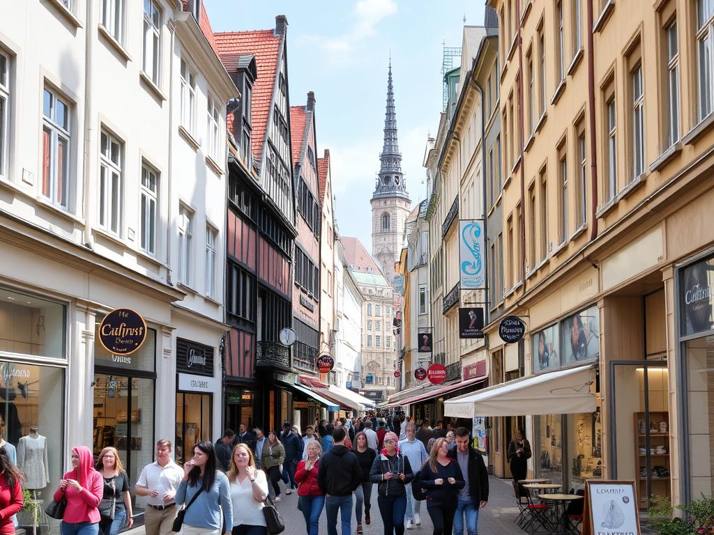 Belebte Fußgängerzone in Darmstadt mit Geschäften und flanierenden Menschen beim Shopping in Darmstadt Belebte Fußgängerzone in Darmstadt mit Geschäften und flanierenden Menschen beim Shopping in Darmstadt