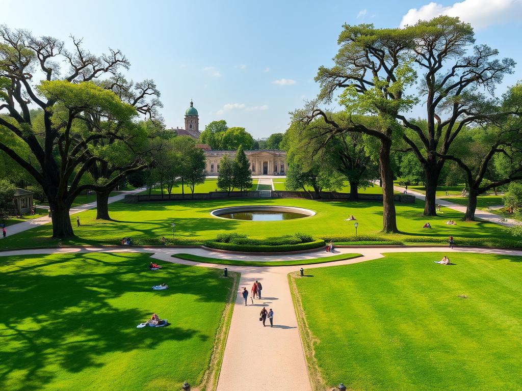 Blick auf den Herrngarten in Darmstadt mit seinen weitläufigen Wiesen und altem Baumbestand Blick auf den Herrngarten in Darmstadt mit seinen weitläufigen Wiesen und altem Baumbestand