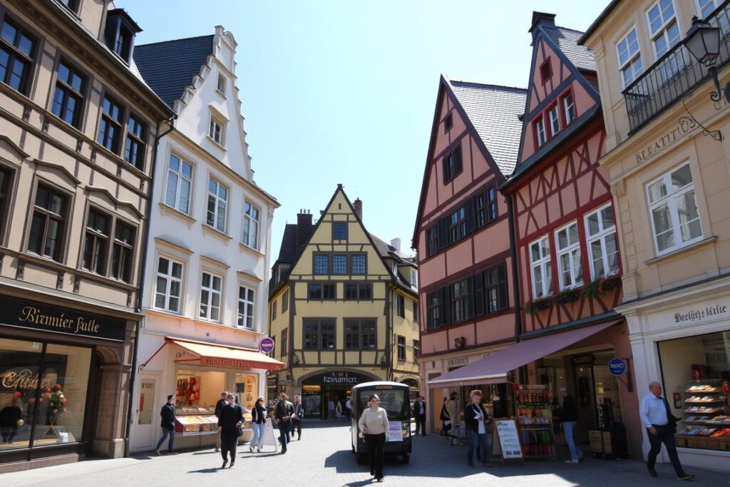 Boutiquen am Bonifatiusplatz in Fulda mit historischen Fassaden Boutiquen am Bonifatiusplatz in Fulda mit historischen Fassaden