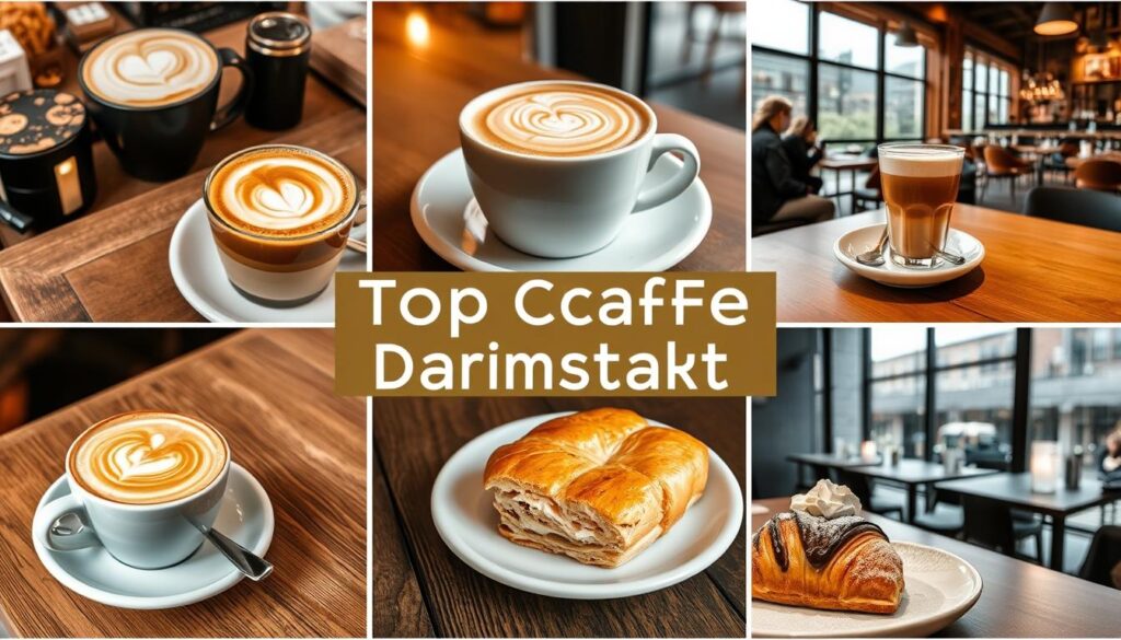 Collage der Top Cafés in Darmstadt mit verschiedenen Kaffeekreationen und gemütlichen Innenräumen