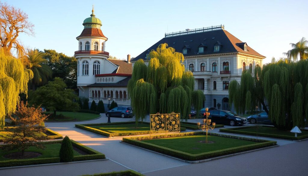 Das Jugendstilensemble auf der Mathildenhöhe mit dem Hochzeitsturm und dem Ausstellungsgebäude Das Jugendstilensemble auf der Mathildenhöhe mit dem Hochzeitsturm und dem Ausstellungsgebäude