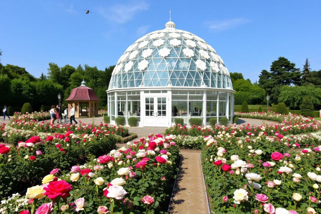 Das Rosarium auf der Rosenhöhe mit dem weißen Rosendom in voller Blüte Das Rosarium auf der Rosenhöhe mit dem weißen Rosendom in voller Blüte