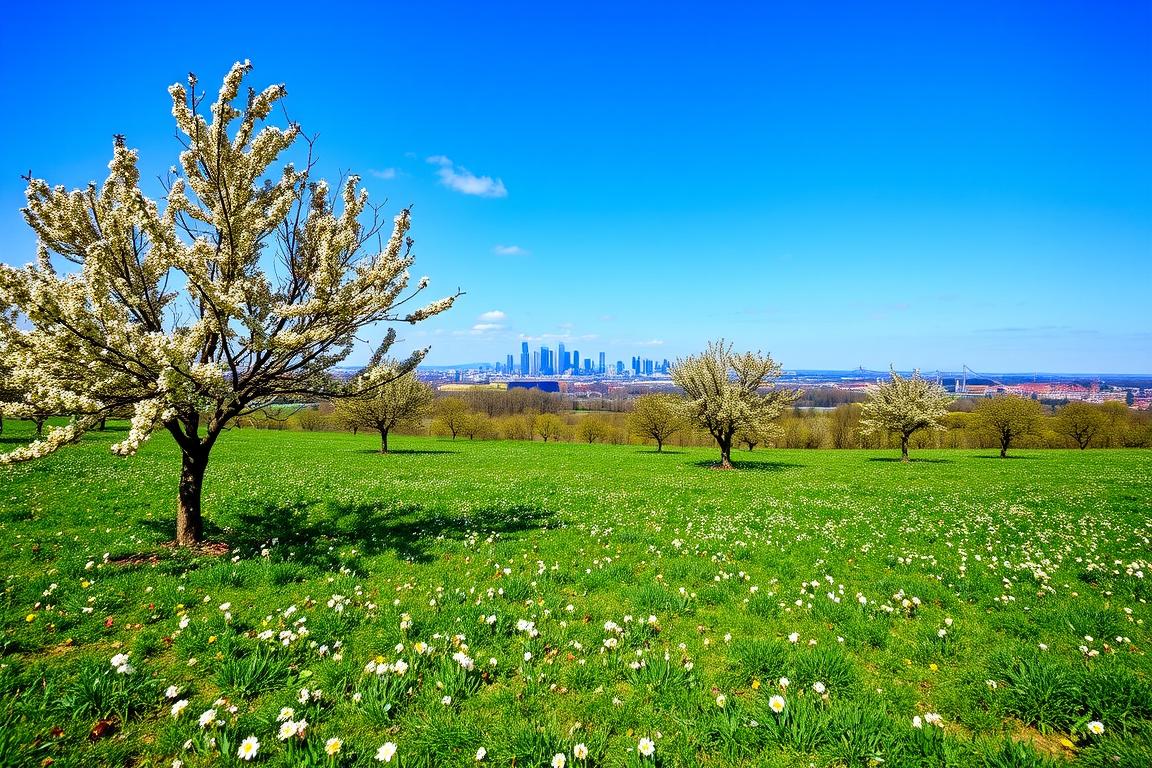 Der Berger Hang mit Streuobstwiesen und Blick auf Frankfurt