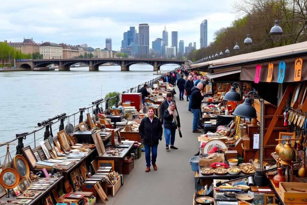 Der Flohmarkt am Mainufer in Frankfurt mit Ständen und der Skyline im Hintergrund Der Flohmarkt am Mainufer in Frankfurt mit Ständen und der Skyline im Hintergrund