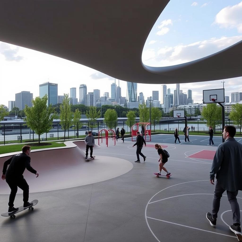 Der Hafenpark mit Sportanlagen und Skyline-Blick