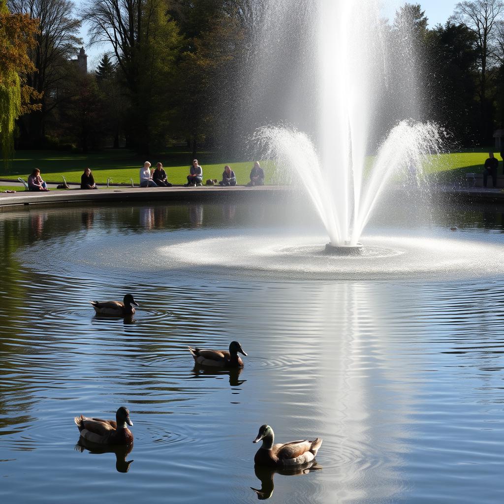 Der Teich im Herrngarten mit seiner großen Fontäne Der Teich im Herrngarten mit seiner großen Fontäne
