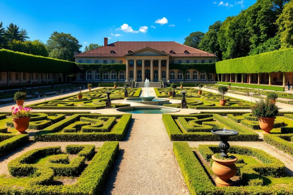 Der barocke Orangeriegarten mit seinen symmetrischen Achsen und Fontänen Der barocke Orangeriegarten mit seinen symmetrischen Achsen und Fontänen
