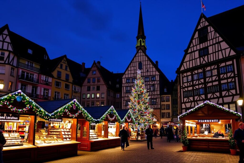 Der festlich beleuchtete Frankfurter Weihnachtsmarkt auf dem Römerberg Der festlich beleuchtete Frankfurter Weihnachtsmarkt auf dem Römerberg
