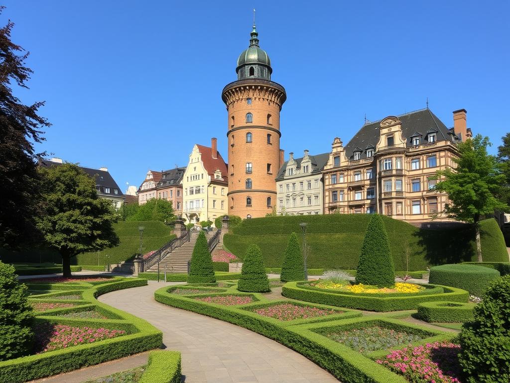 Die Mathildenhöhe mit dem Hochzeitsturm und dem Jugendstilensemble als UNESCO-Welterbe Die Mathildenhöhe mit dem Hochzeitsturm und dem Jugendstilensemble als UNESCO-Welterbe
