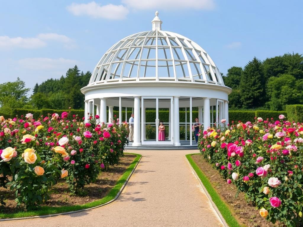 Die Rosenhöhe in Darmstadt mit blühenden Rosen und dem weißen Rosendom Die Rosenhöhe in Darmstadt mit blühenden Rosen und dem weißen Rosendom