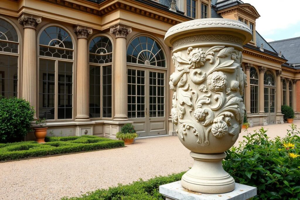 Die barocke Orangerie Fulda mit der berühmten Floravase im Vordergrund Die barocke Orangerie Fulda mit der berühmten Floravase im Vordergrund