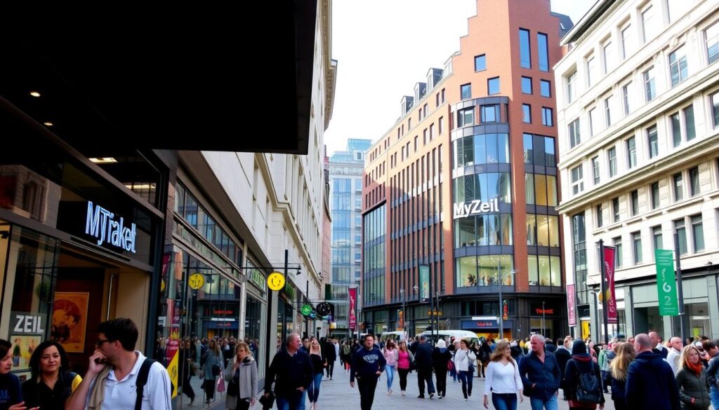 Die belebte Zeil in Frankfurt am Main mit zahlreichen Geschäften und Einkaufszentren