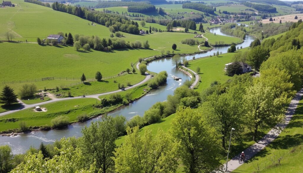 Die weitläufige Fulda-Aue mit dem Fluss Fulda, Radwegen und grünen Wiesen - perfekt für Natur und Erholung Fulda Die weitläufige Fulda-Aue mit dem Fluss Fulda, Radwegen und grünen Wiesen - perfekt für Natur und Erholung Fulda