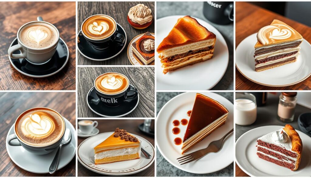 Eine Collage verschiedener Kaffeespezialitäten und Kuchen aus den Top Cafés in Darmstadt Eine Collage verschiedener Kaffeespezialitäten und Kuchen aus den Top Cafés in Darmstadt