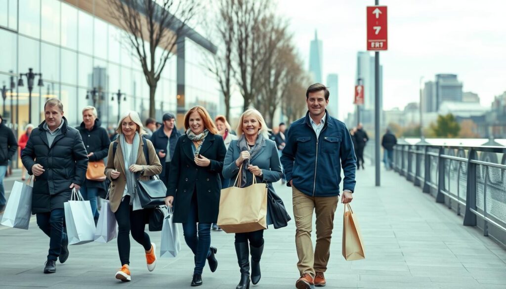Einkaufen in Frankfurt am Main - Besucher mit Einkaufstaschen in der Innenstadt Einkaufen in Frankfurt am Main - Besucher mit Einkaufstaschen in der Innenstadt