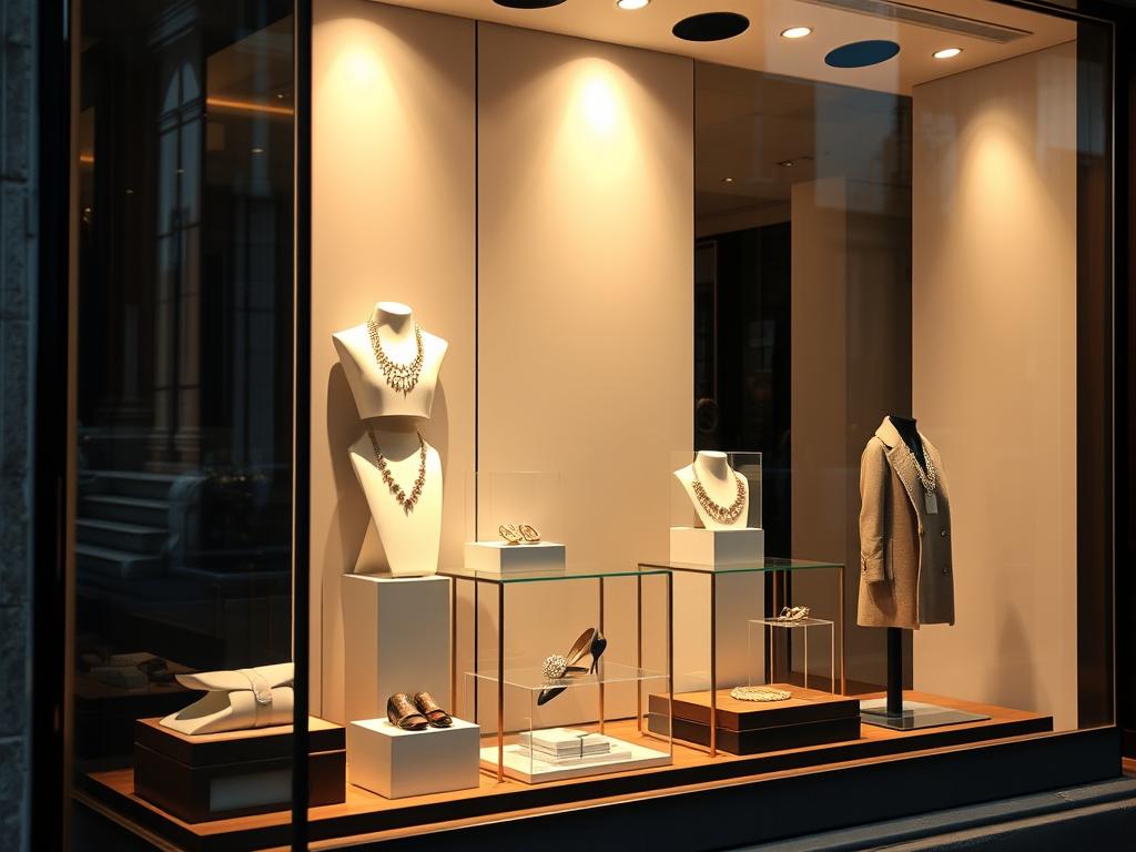Elegante Schaufensterauslage einer Luxusboutique in der Goethestraße in Frankfurt am Main Elegante Schaufensterauslage einer Luxusboutique in der Goethestraße in Frankfurt am Main