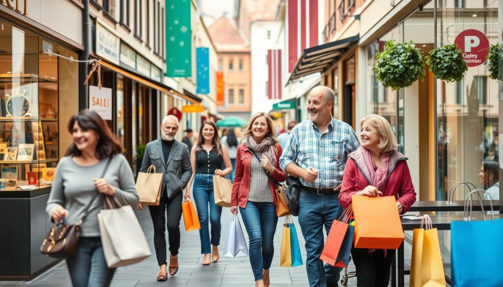 Entspannter Einkaufsbummel beim Shopping in Gießen mit Einkaufstaschen Entspannter Einkaufsbummel beim Shopping in Gießen mit Einkaufstaschen