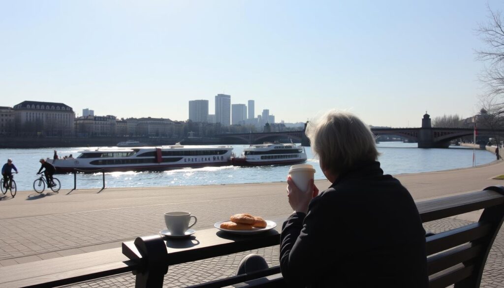 Entspanntes Frühstück am Mainufer in Frankfurt mit Blick auf vorbeifahrende Schiffe Entspanntes Frühstück am Mainufer in Frankfurt mit Blick auf vorbeifahrende Schiffe