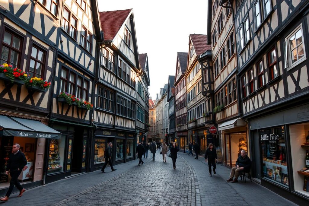 Fachwerk-Ensemble in der Friedrichstraße mit kleinen Läden Fachwerk-Ensemble in der Friedrichstraße mit kleinen Läden
