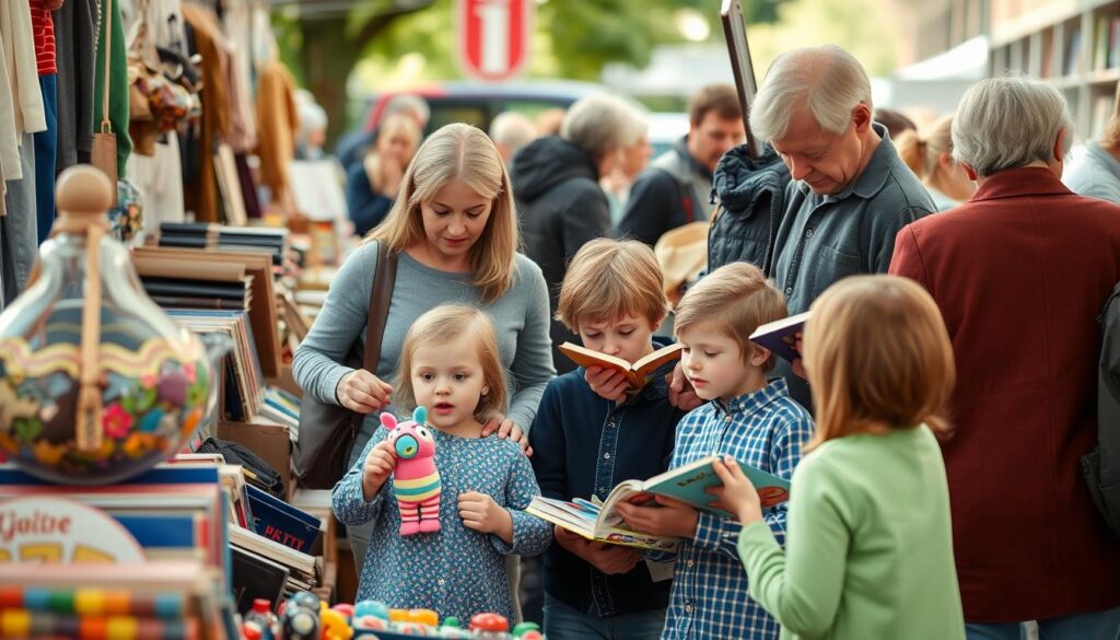 Familienausflug zum Flohmarkt in Darmstadt mit Eltern und Kindern beim Stöbern Familienausflug zum Flohmarkt in Darmstadt mit Eltern und Kindern beim Stöbern