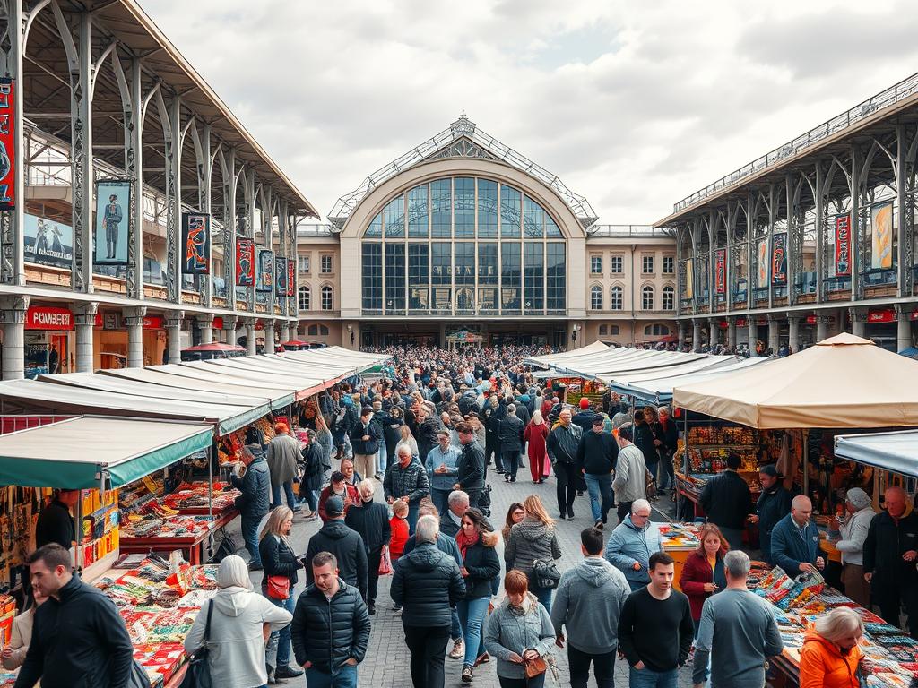 Flohmarkt an der Jahrhunderthalle in Frankfurt-Höchst mit vielen Ständen Flohmarkt an der Jahrhunderthalle in Frankfurt-Höchst mit vielen Ständen