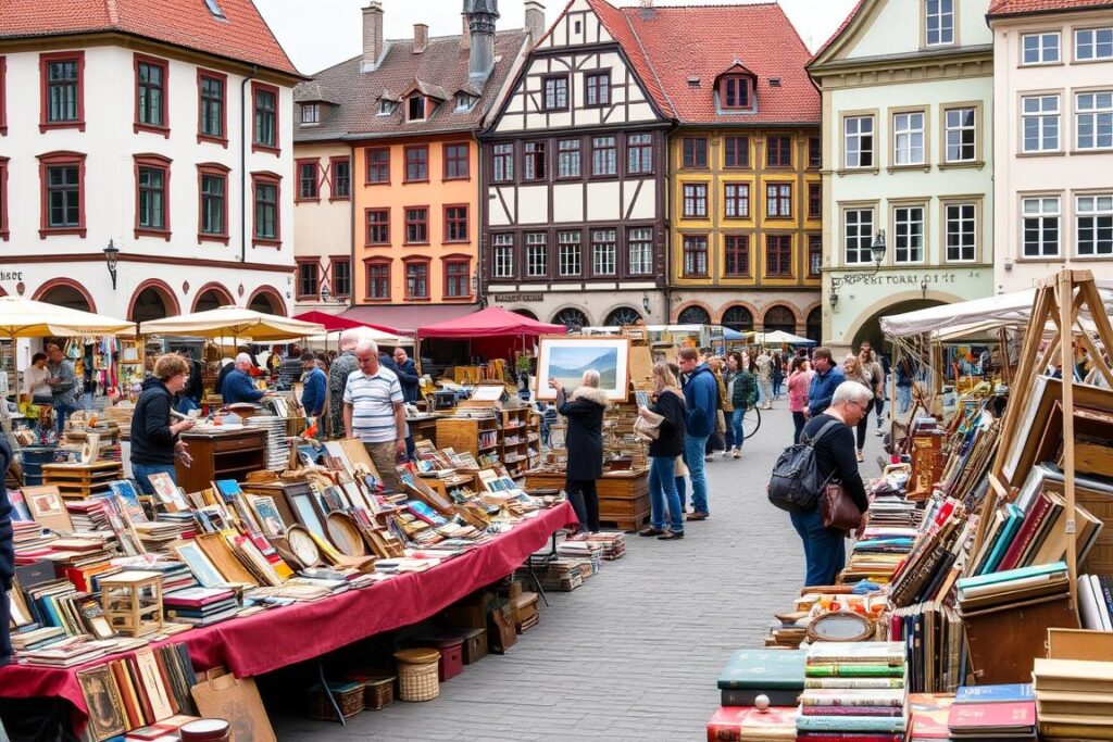 Flohmarkt auf dem Karolinenplatz in Darmstadt mit historischer Kulisse Flohmarkt auf dem Karolinenplatz in Darmstadt mit historischer Kulisse