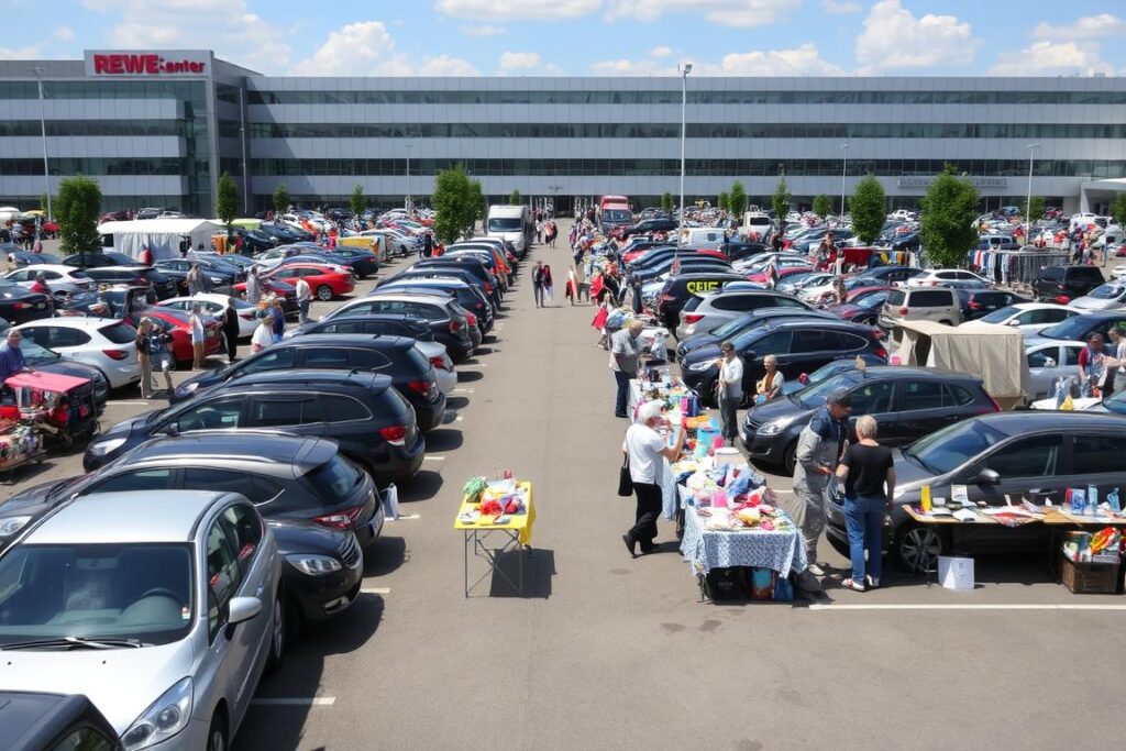 Flohmarkt auf dem Parkplatz des REWE-Centers in Darmstadt Flohmarkt auf dem Parkplatz des REWE-Centers in Darmstadt