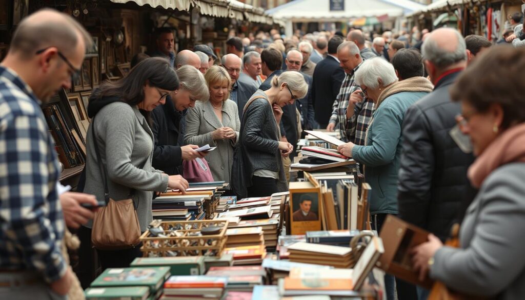 Flohmarktbesucher beim Stöbern und Handeln auf einem Darmstädter Flohmarkt Flohmarktbesucher beim Stöbern und Handeln auf einem Darmstädter Flohmarkt