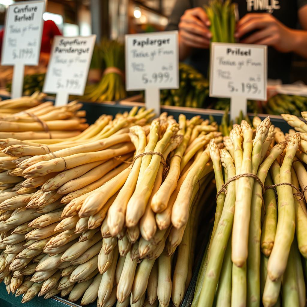 Frischer Spargel auf dem Wochenmarkt Darmstadt während der Spargelzeit im Frühling Frischer Spargel auf dem Wochenmarkt Darmstadt während der Spargelzeit im Frühling