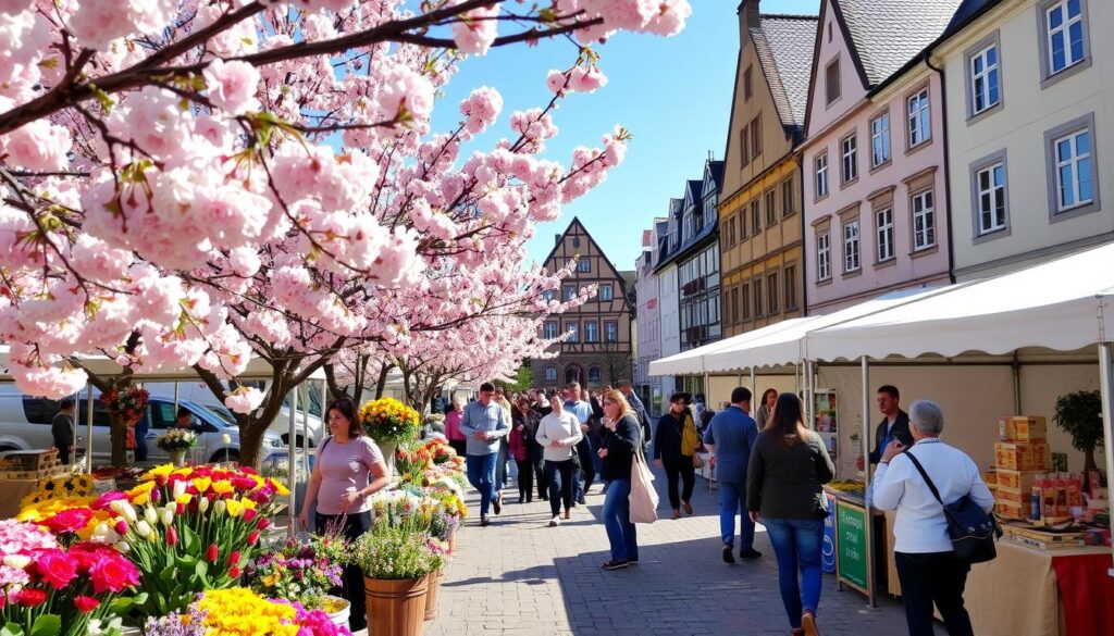Frühlingsfest in Fulda mit blühenden Bäumen und Marktständen Frühlingsfest in Fulda mit blühenden Bäumen und Marktständen