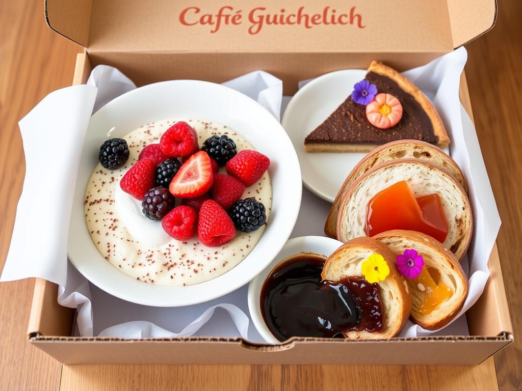Frühstücksbox im Café Glücklich mit Birchermüsli und frischen Früchten Frühstücksbox im Café Glücklich mit Birchermüsli und frischen Früchten