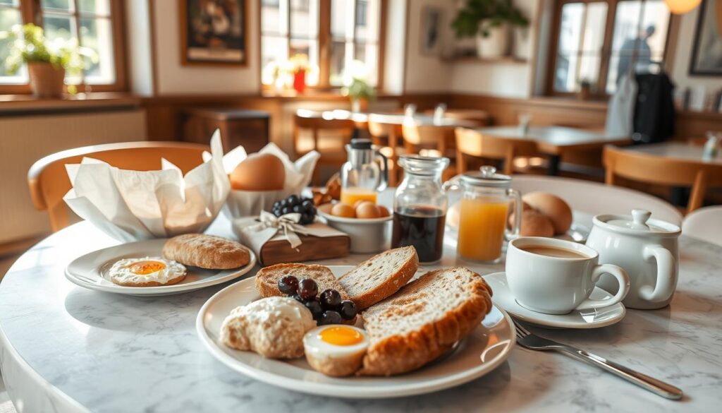 Frühstückstisch mit verschiedenen Optionen in einem Café in Gießen