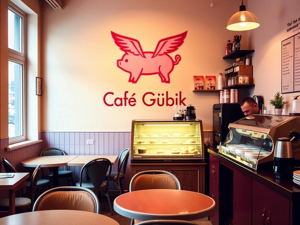 Gemütliches Interieur des Café Glück in Fulda mit dem charakteristischen rosa Schweinchen-Logo Gemütliches Interieur des Café Glück in Fulda mit dem charakteristischen rosa Schweinchen-Logo