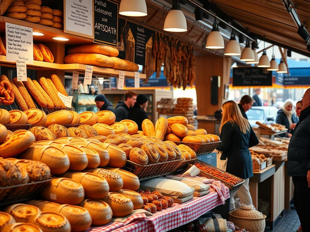 Handwerklich hergestellte Backwaren auf einem Wochenmarkt in Frankfurt Handwerklich hergestellte Backwaren auf einem Wochenmarkt in Frankfurt