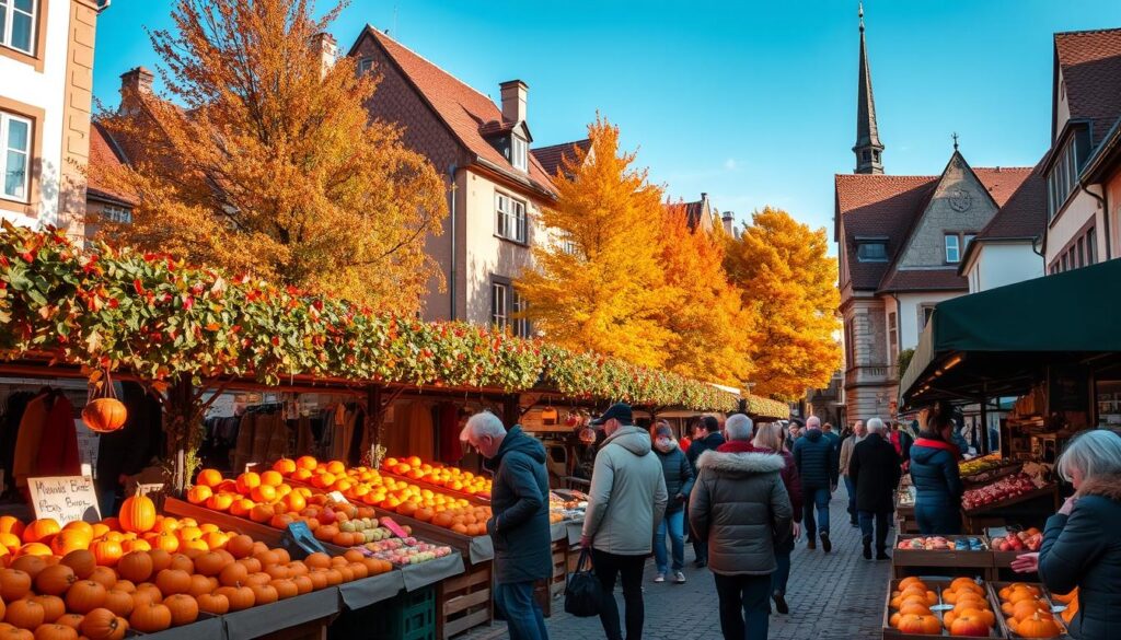 Herbstlicher Markt in Fulda mit buntem Laub und regionalen Produkten Herbstlicher Markt in Fulda mit buntem Laub und regionalen Produkten