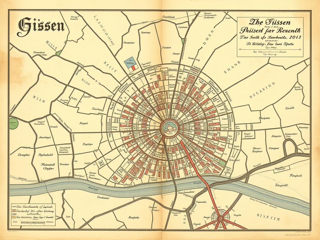 Historische Karte von Gießen aus dem 19. Jahrhundert mit Stadtgeschichte Gießen Highlights markiert