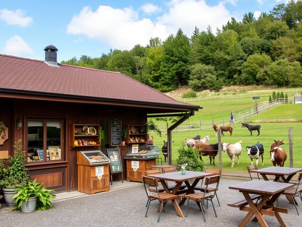 Hofcafé Oberfeld in Darmstadt mit Blick auf das Hofgut und die Tiere Hofcafé Oberfeld in Darmstadt mit Blick auf das Hofgut und die Tiere