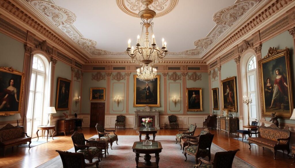 Innenansicht eines prachtvollen Saals im Schlossmuseum, eines der historischen Museen in Darmstadt Innenansicht eines prachtvollen Saals im Schlossmuseum, eines der historischen Museen in Darmstadt