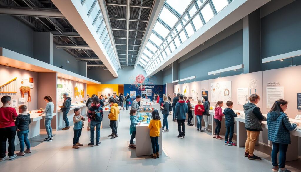 Interaktive Ausstellung im Mathematikum Gießen mit Besuchern an Experimentierstationen