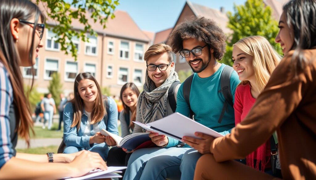 Internationale Studierende auf dem Campus einer Universität in Darmstadt