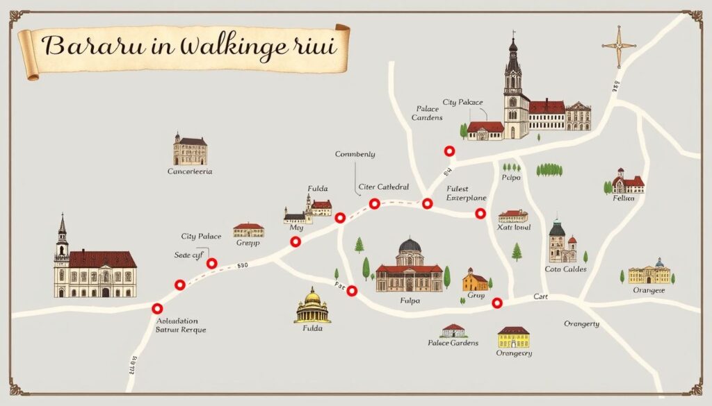 Karte des Barock-Rundgangs durch Fulda mit markierten Sehenswürdigkeiten Karte des Barock-Rundgangs durch Fulda mit markierten Sehenswürdigkeiten