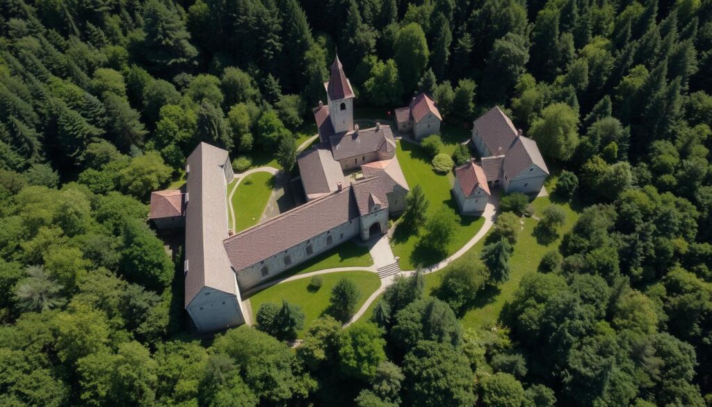 Klosteranlage Schiffenberg umgeben von Wald bei Gießen Klosteranlage Schiffenberg umgeben von Wald bei Gießen
