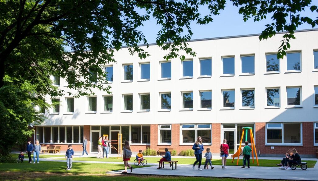 Moderne Schule in Fulda mit Schülern auf dem Schulhof Moderne Schule in Fulda mit Schülern auf dem Schulhof