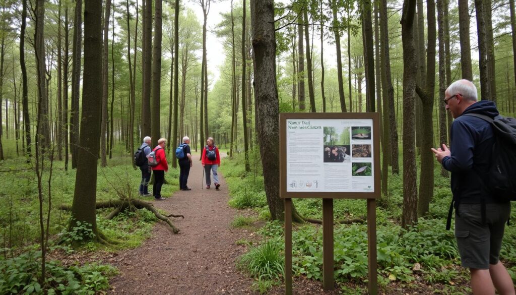 Naturlehrpfad mit Informationstafel im Wald bei Gießen Naturlehrpfad mit Informationstafel im Wald bei Gießen